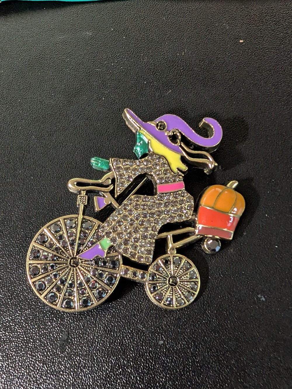 Crystal Enamel Witch on Bicycle Brooch - Purple & Orange